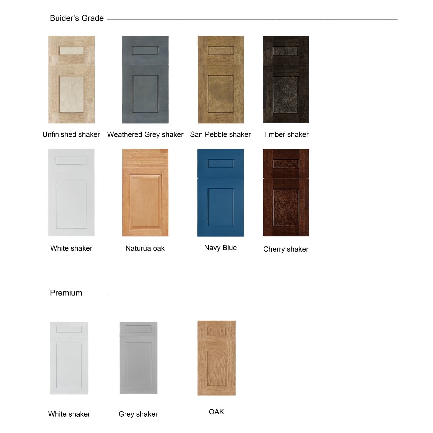 Supplier's builder and premium cabinet door reference images, showing eleven finishes