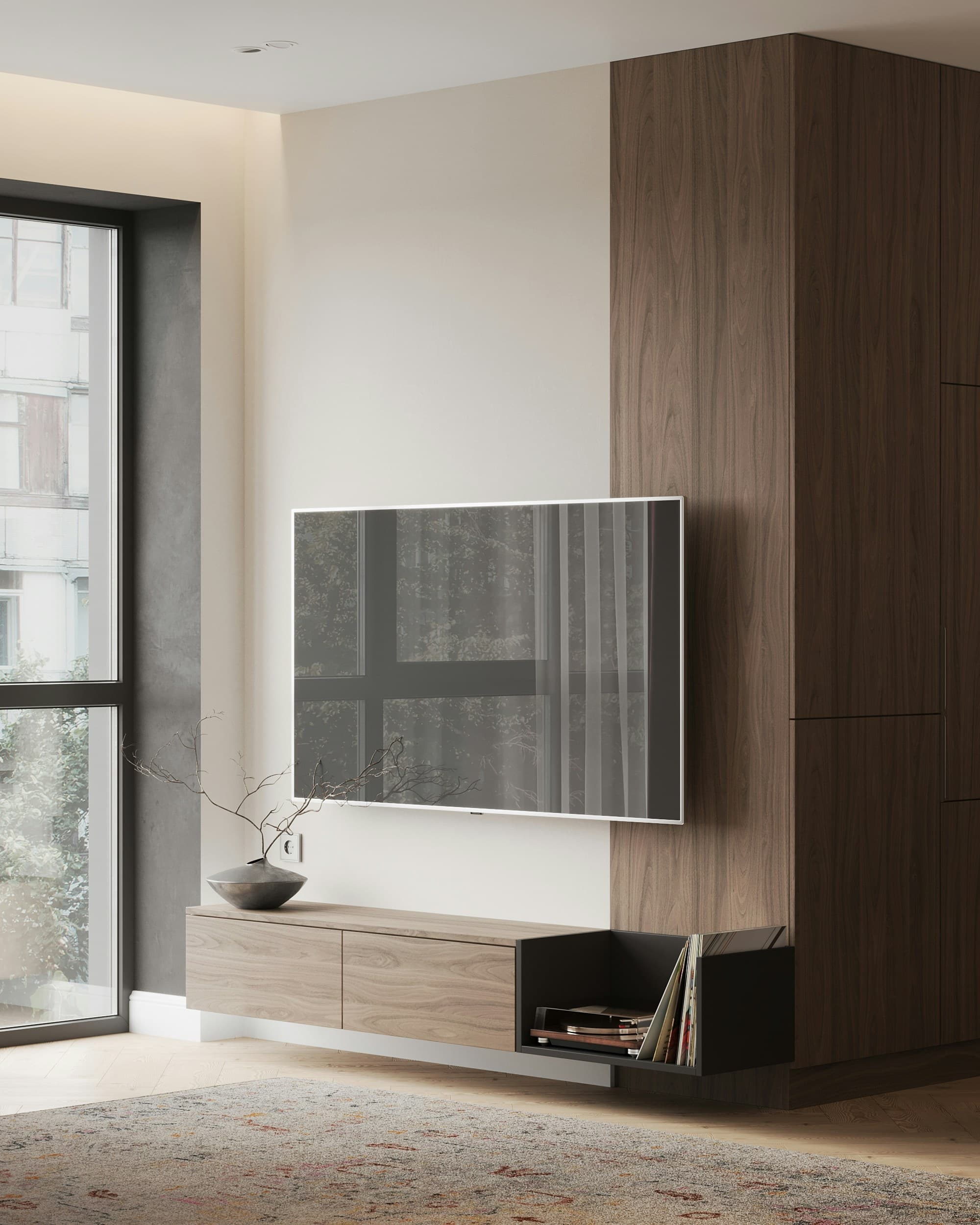 Living room with built-in media storage