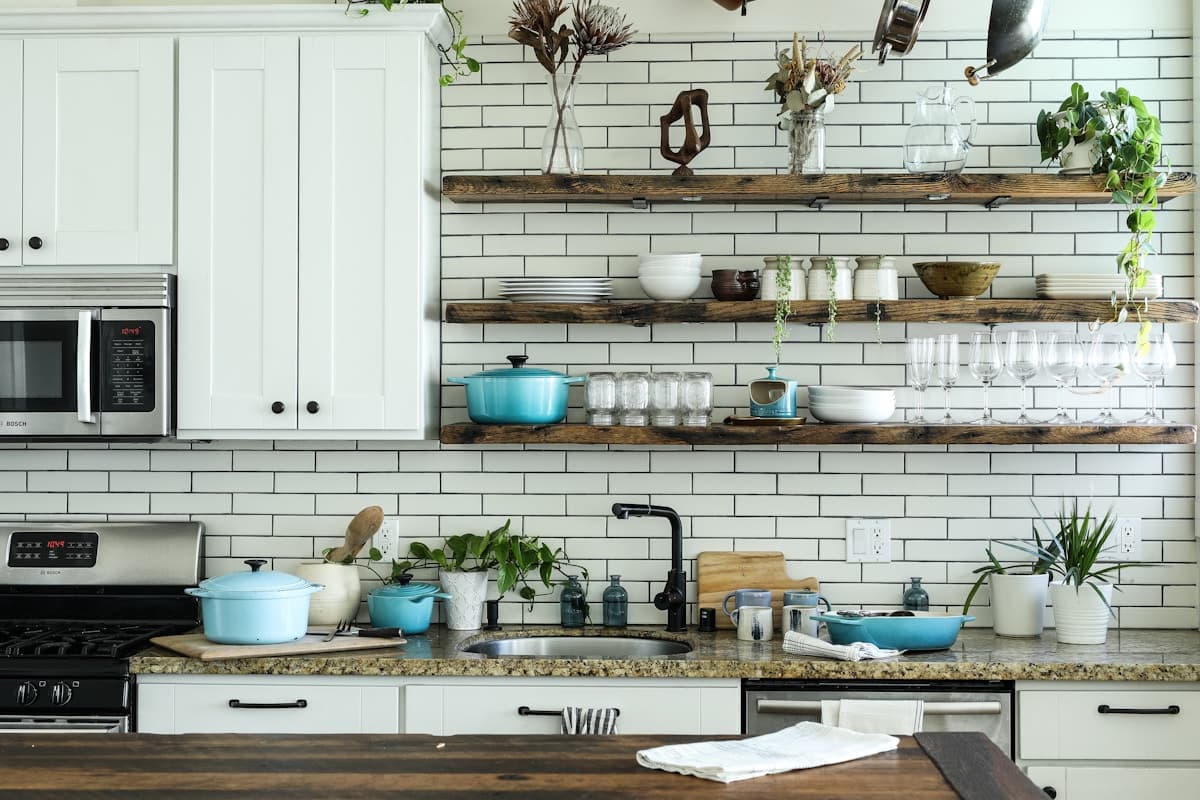 Kitchen with open shelving and cabinetry