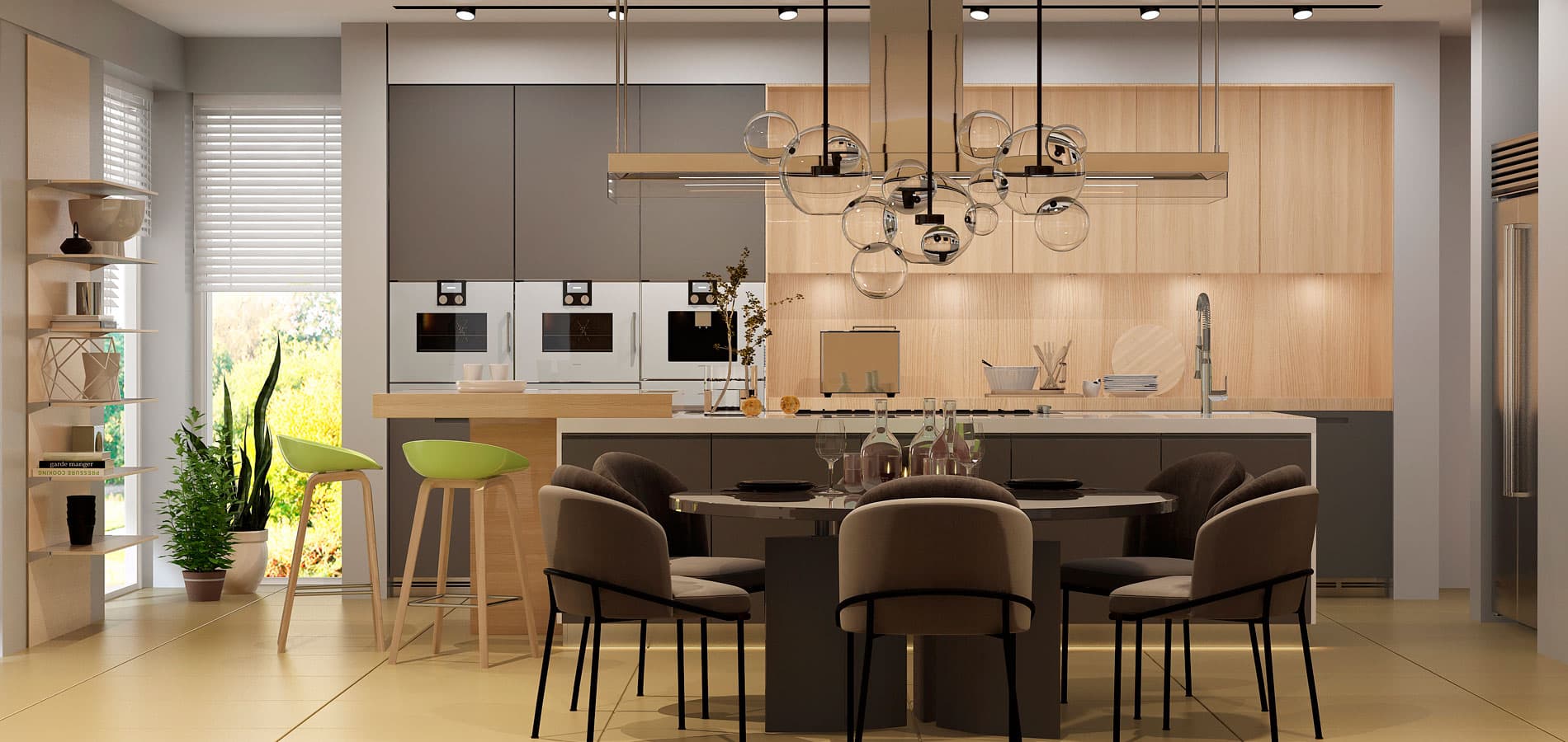 Kitchen with coordinated wall, base, and tall cabinets