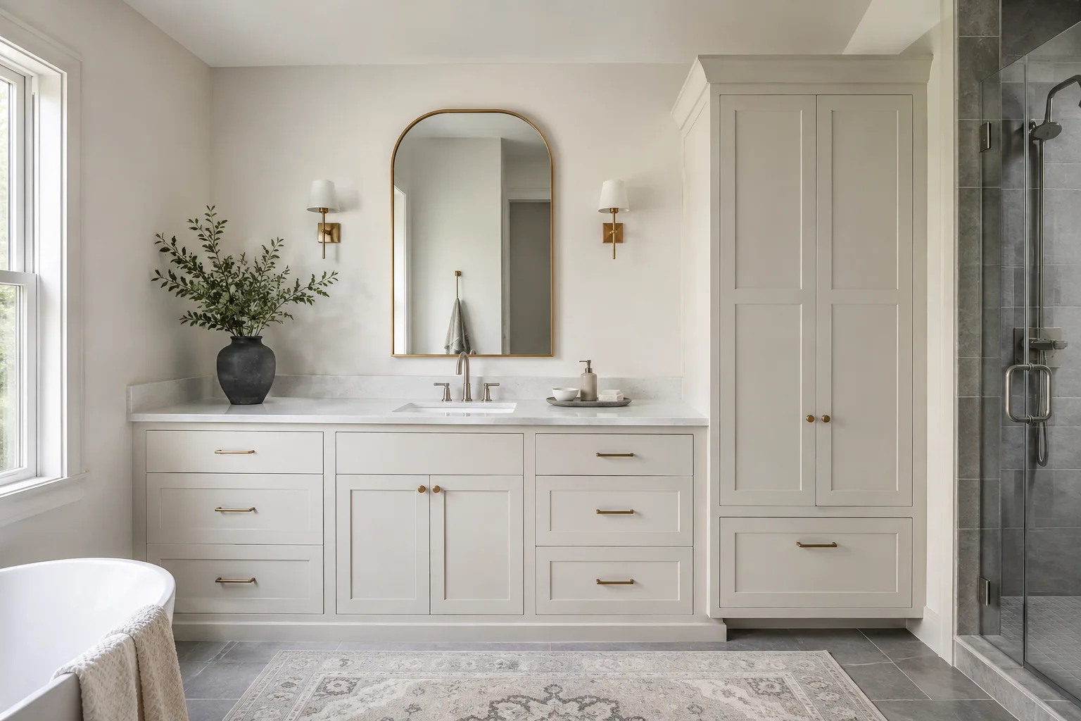 Bathroom vanity cabinet layout with coordinated storage