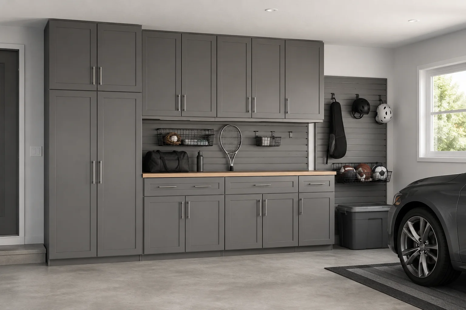 Cabinet storage wall with tall, base, and upper cabinets