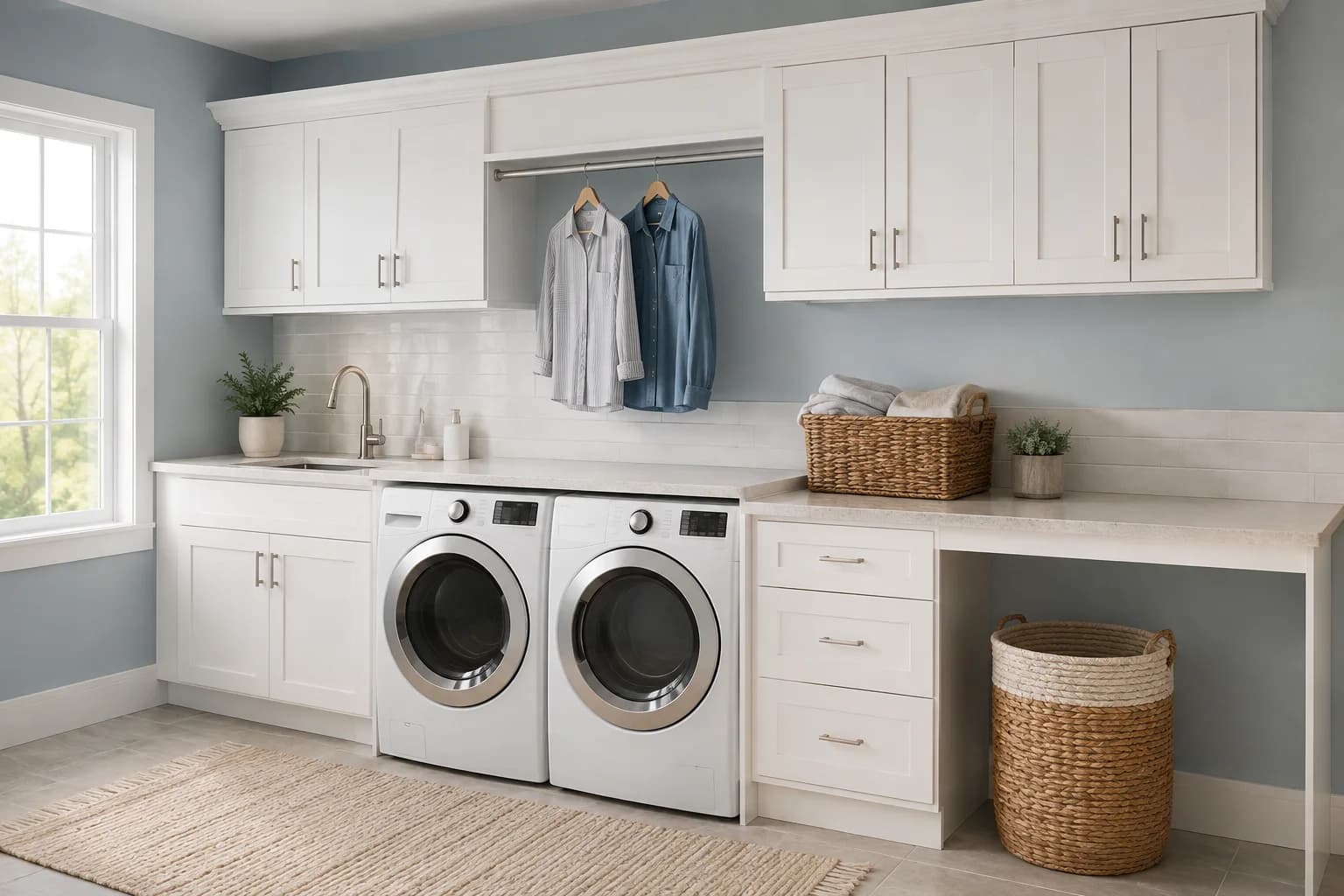 Laundry room cabinet storage above a work surface