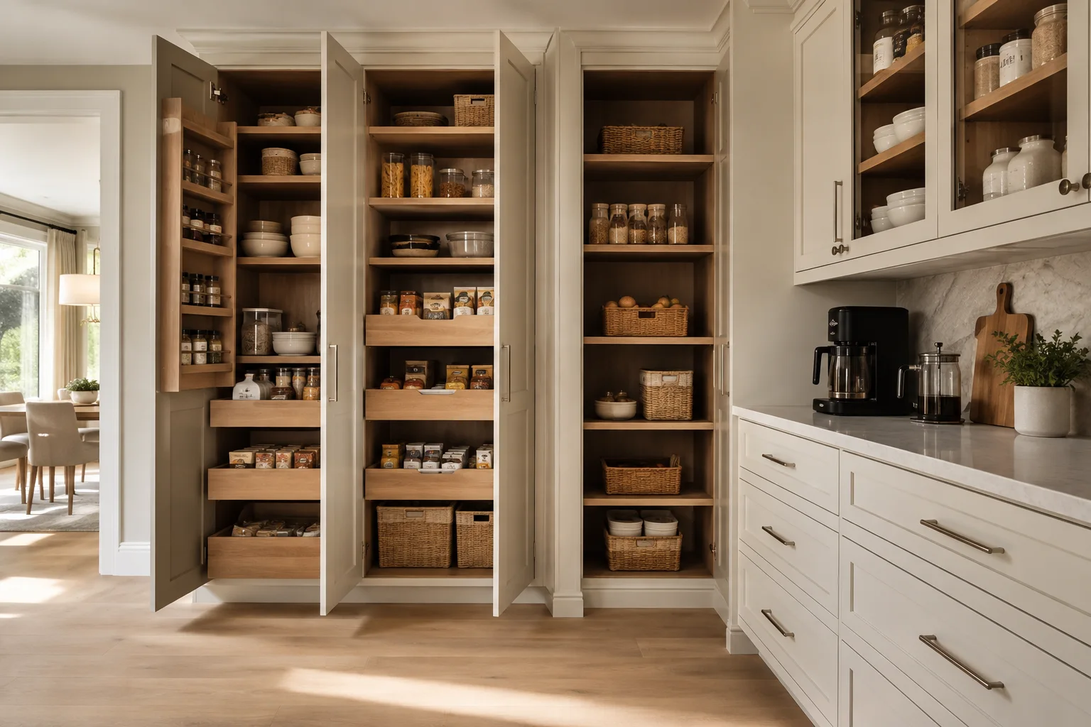 Tall pantry cabinet storage in a coordinated interior